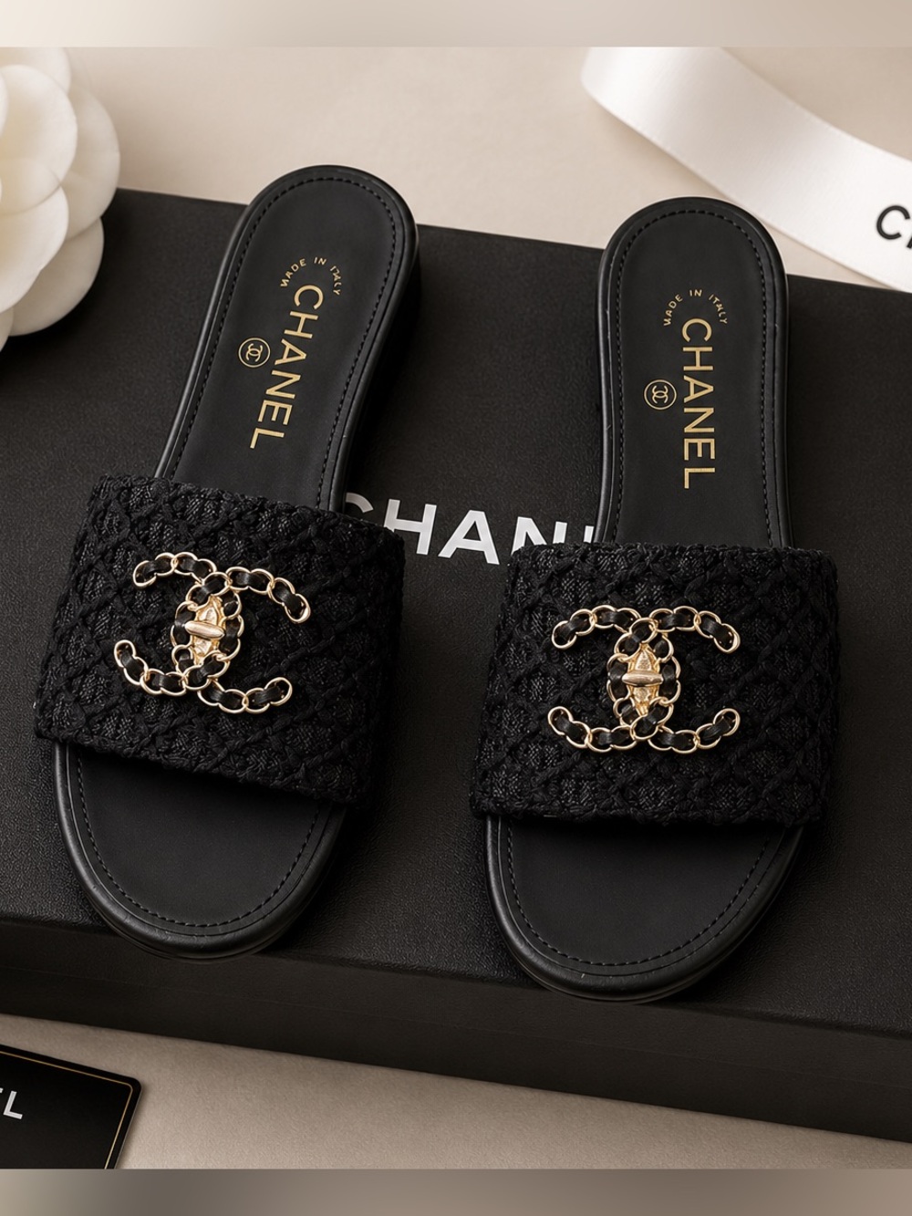 CHANEL Black Quilted Slide Mules with Gold Chain CC Accent